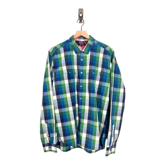 Ted Baker Green Red Checkered Contrast Cuffs Button Down Untucked Mens Shirt - Picture 8 of 13
